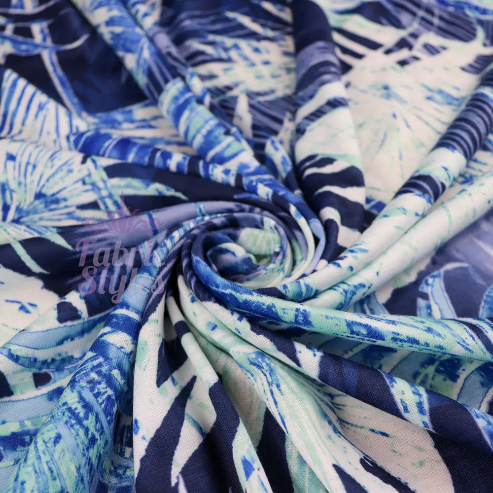 FS033 Blue Tropical Floral Print Spun Polyester Stretch Fabric