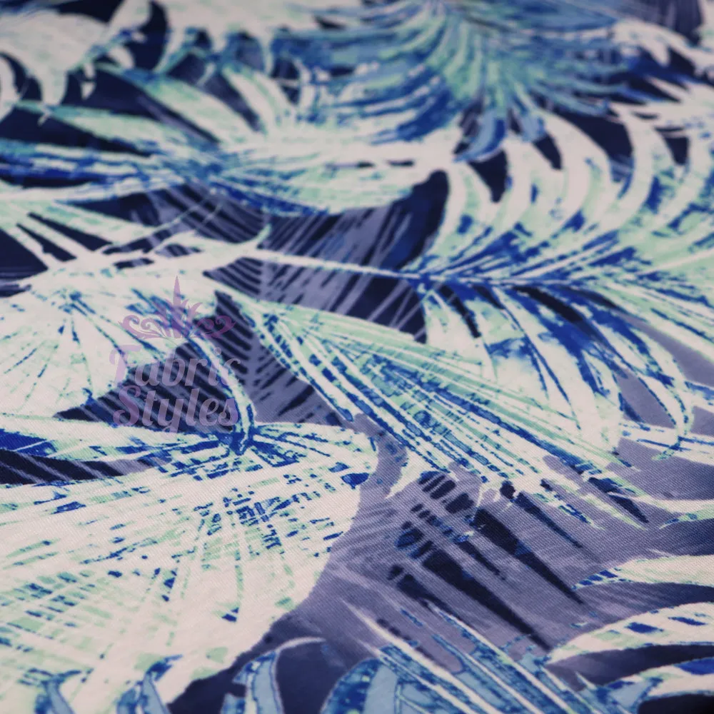 FS033 Blue Tropical Floral Print Spun Polyester Stretch Fabric