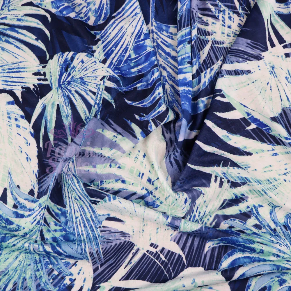 FS033 Blue Tropical Floral Print Spun Polyester Stretch Fabric