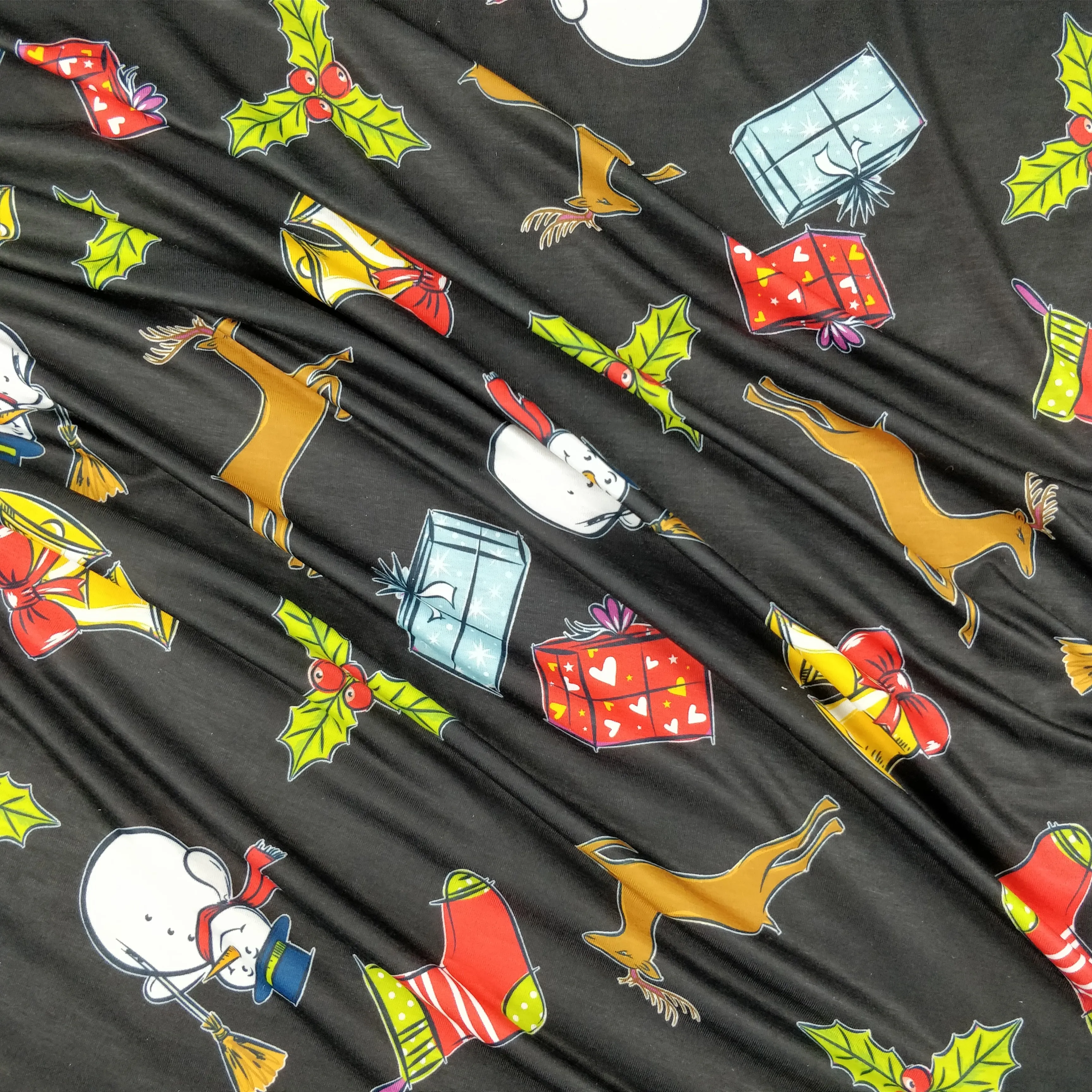 FS151 Snowman Bells Print Black Spun Polyester Knit Stretch Fabric Black