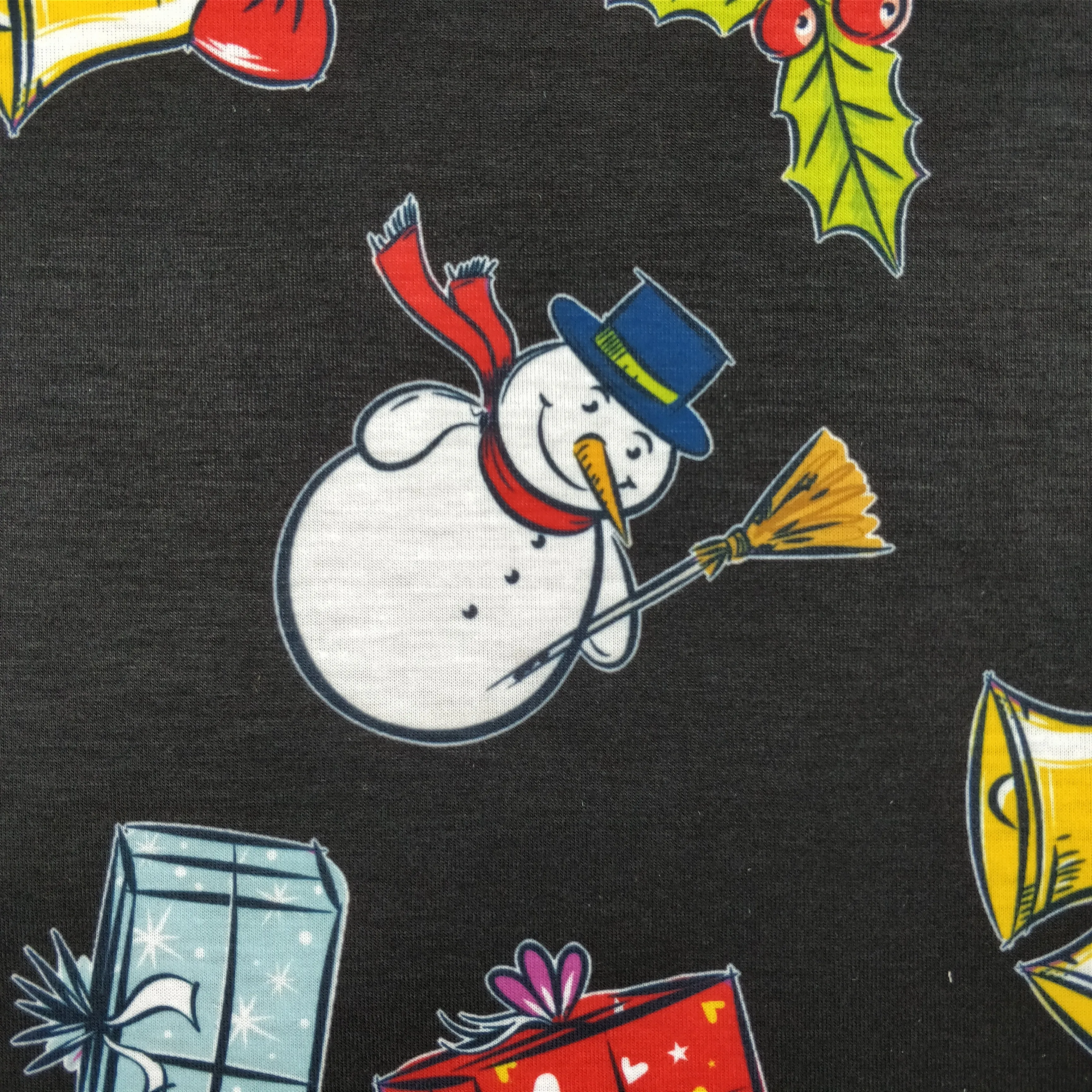 FS151 Snowman Bells Print Black Spun Polyester Knit Stretch Fabric Black