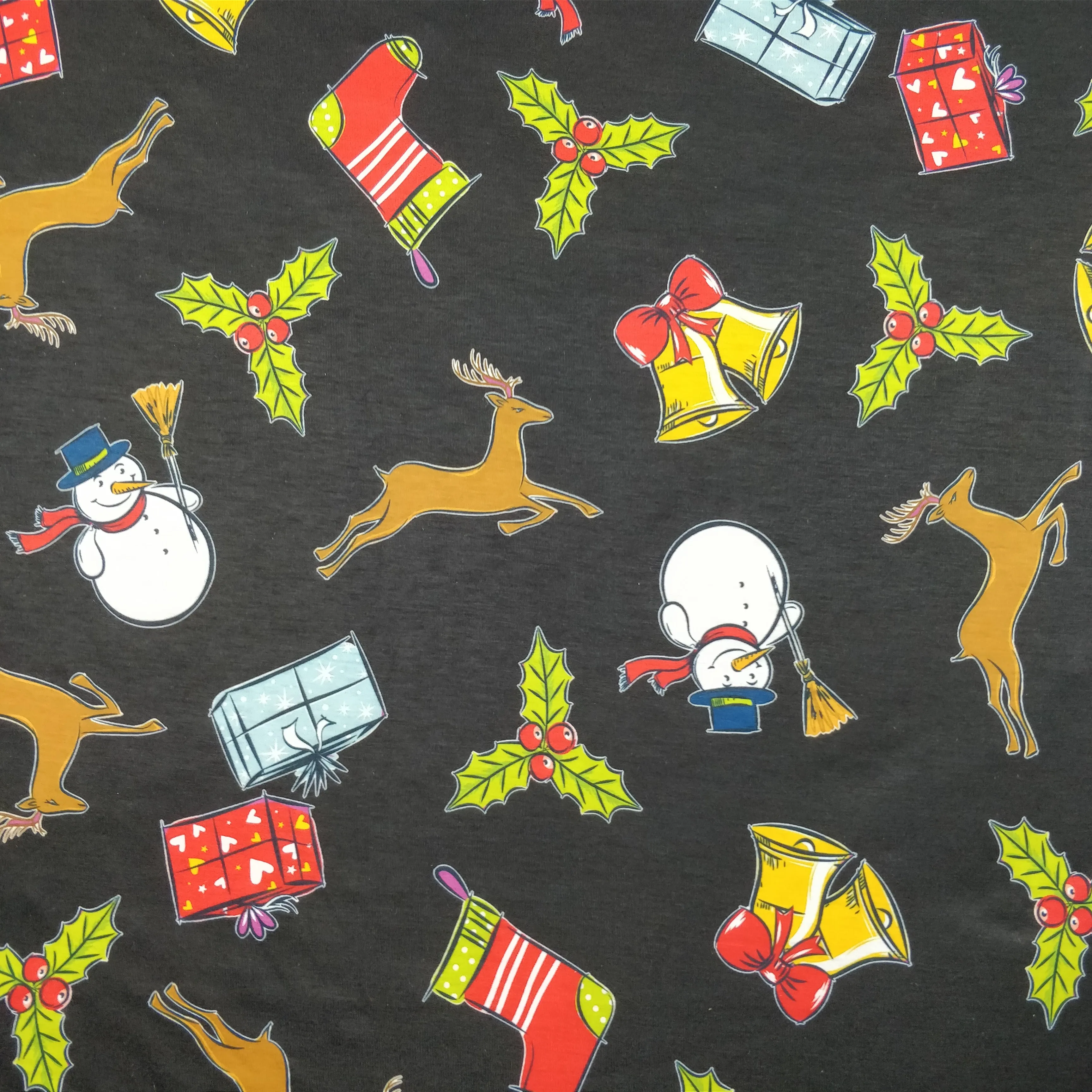 FS151 Snowman Bells Print Black Spun Polyester Knit Stretch Fabric Black