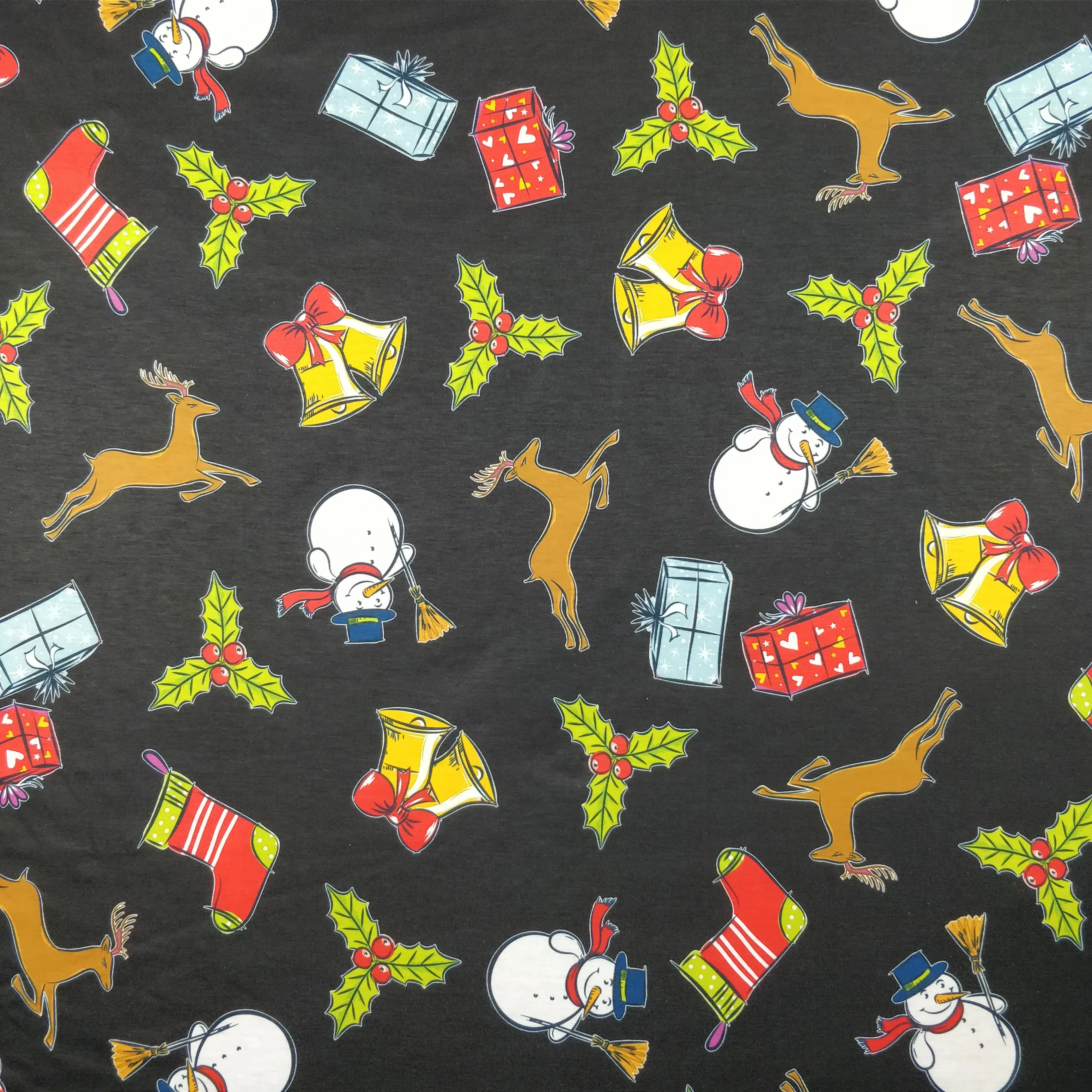 FS151 Snowman Bells Print Black Spun Polyester Knit Stretch Fabric Black