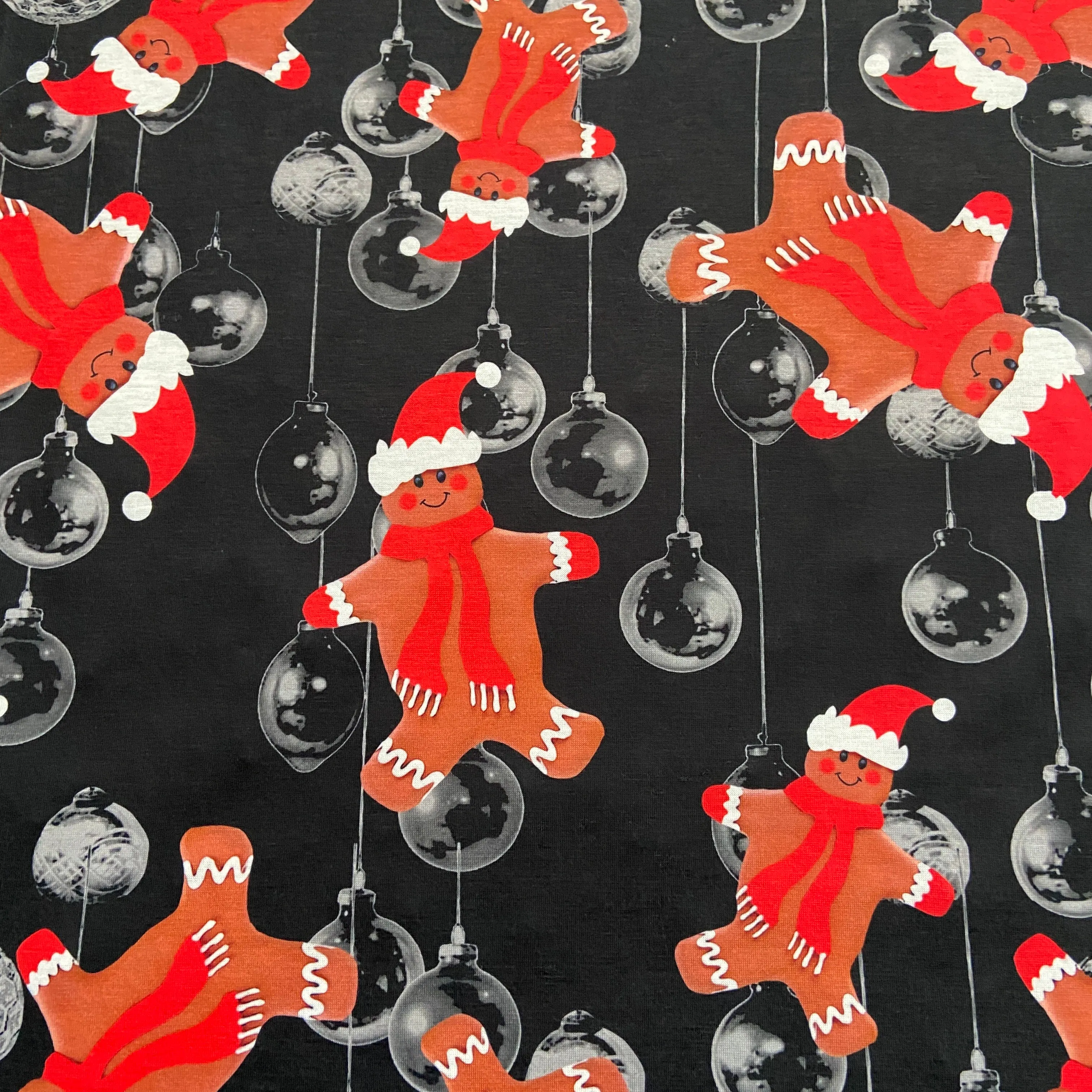 FS692 Christmas Gingerbread Spun Polyester Jersey Knit Stretch Fabric Black