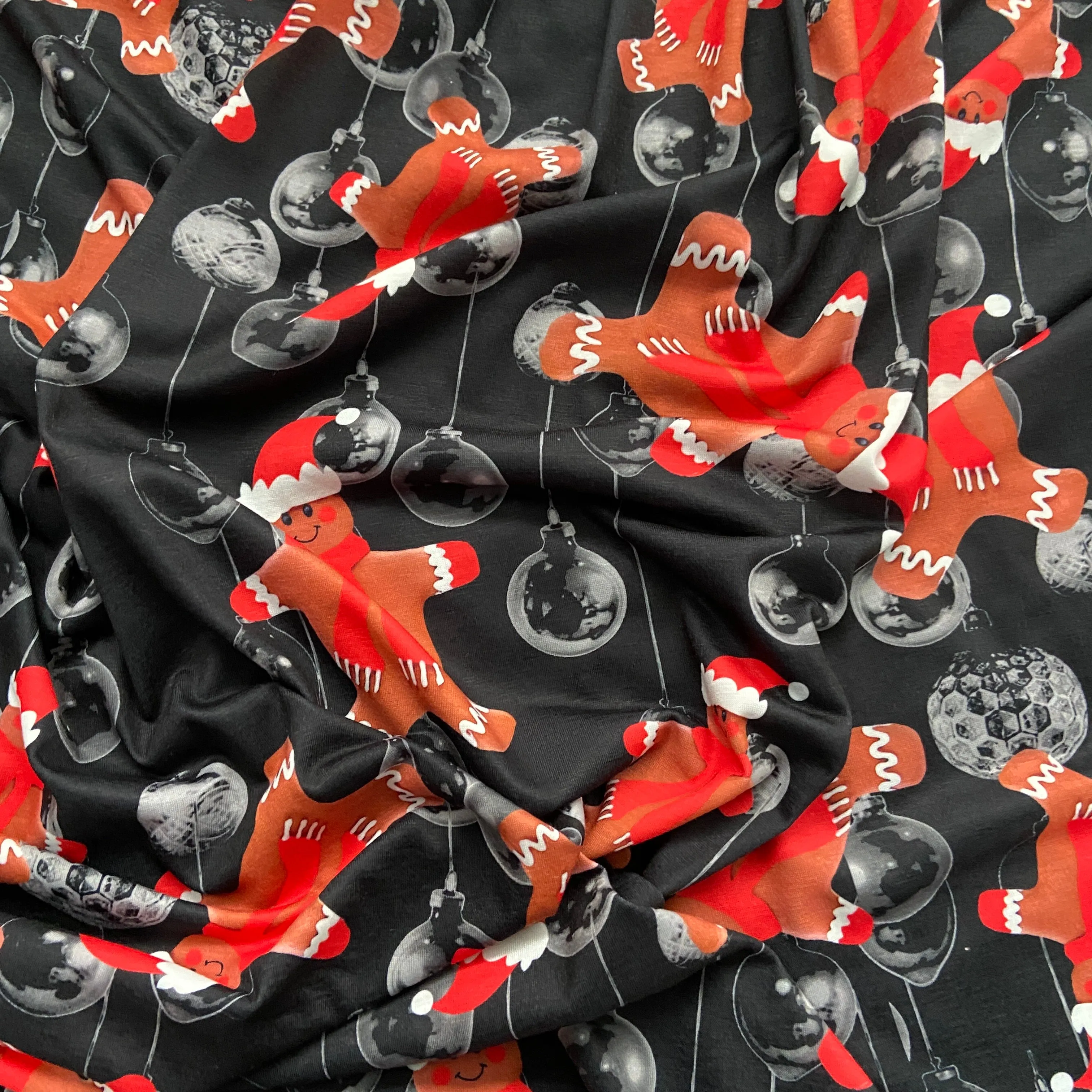 FS692 Christmas Gingerbread Spun Polyester Jersey Knit Stretch Fabric Black