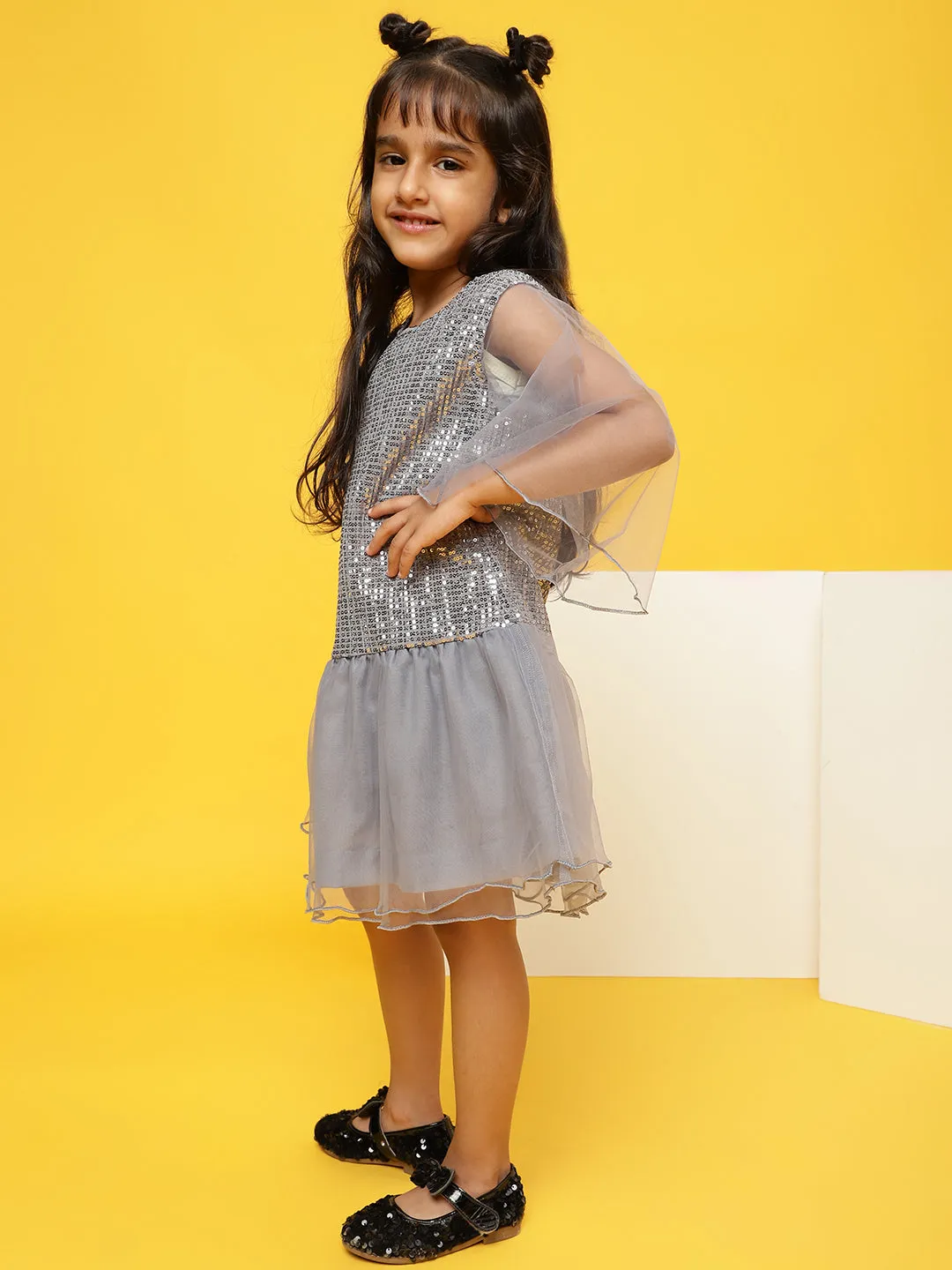 Girls Grey Polyester Regular Fit Sequins Dress