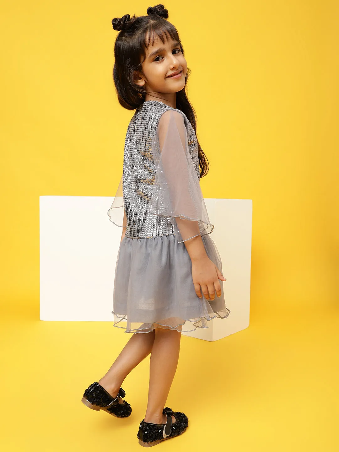 Girls Grey Polyester Regular Fit Sequins Dress