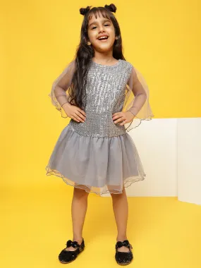 Girls Grey Polyester Regular Fit Sequins Dress