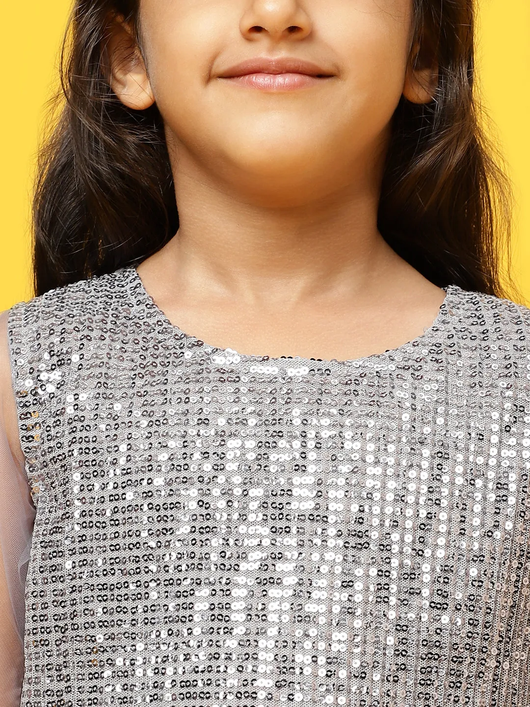 Girls Grey Polyester Regular Fit Sequins Dress