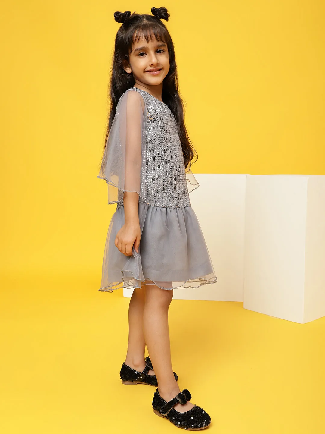 Girls Grey Polyester Regular Fit Sequins Dress