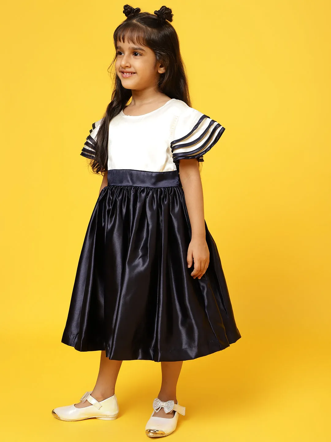 Girls Navy Blue & Cream Polyester Regular Fit Solid Dress