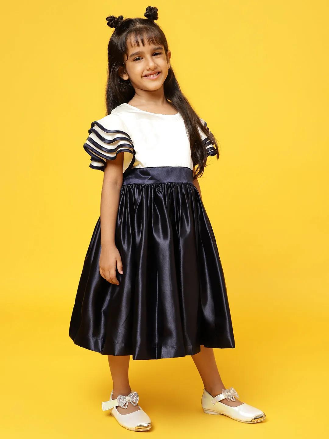 Girls Navy Blue & Cream Polyester Regular Fit Solid Dress