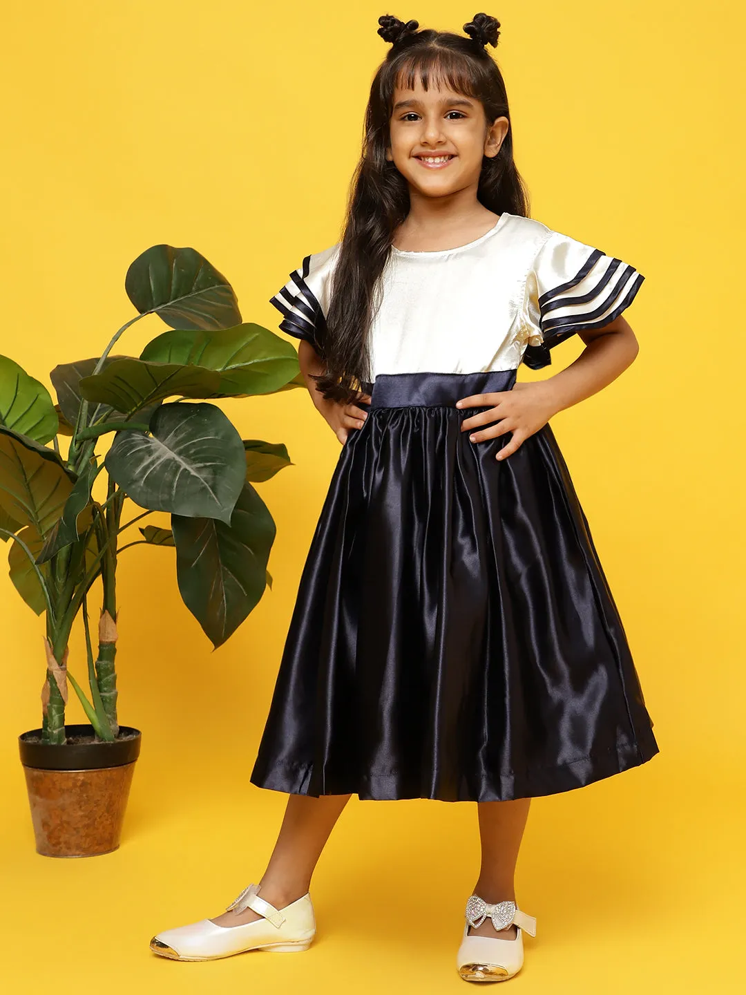 Girls Navy Blue & Cream Polyester Regular Fit Solid Dress