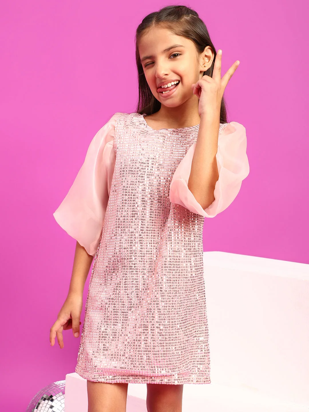 Girls Peach Polyester Regular Fit Sequins Dress