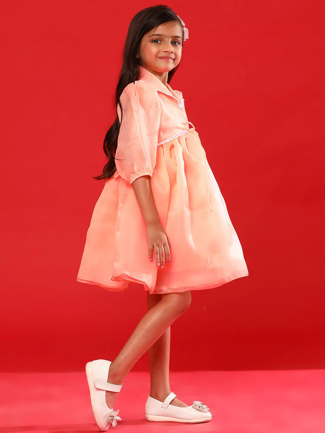 Girls Peach Polyester Regular Fit Solid Dress