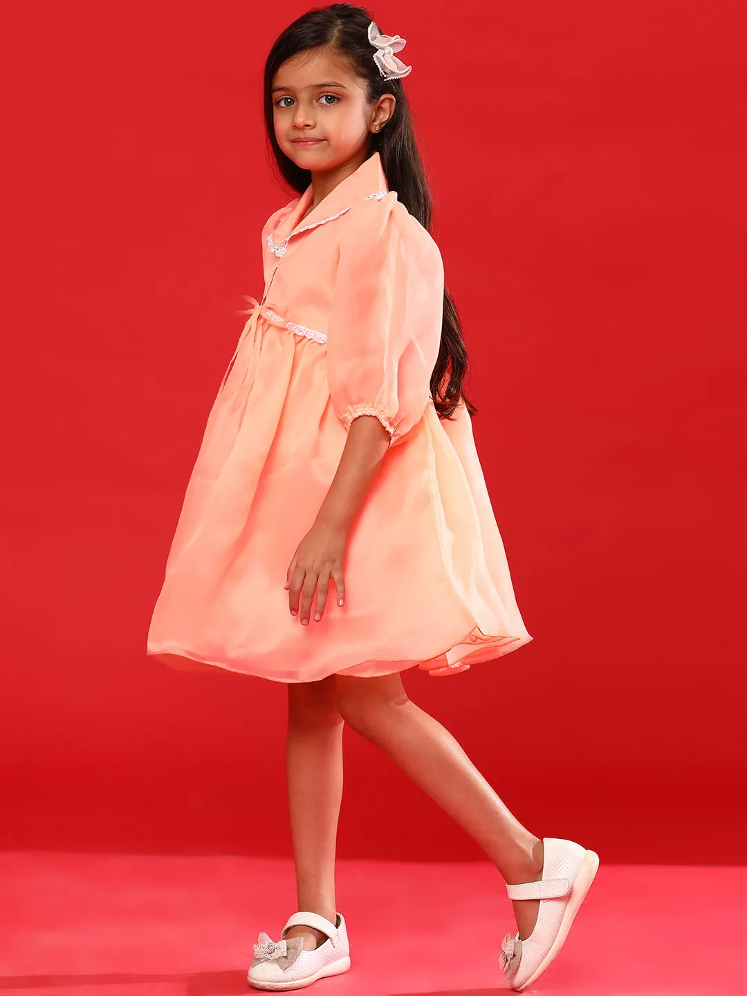 Girls Peach Polyester Regular Fit Solid Dress