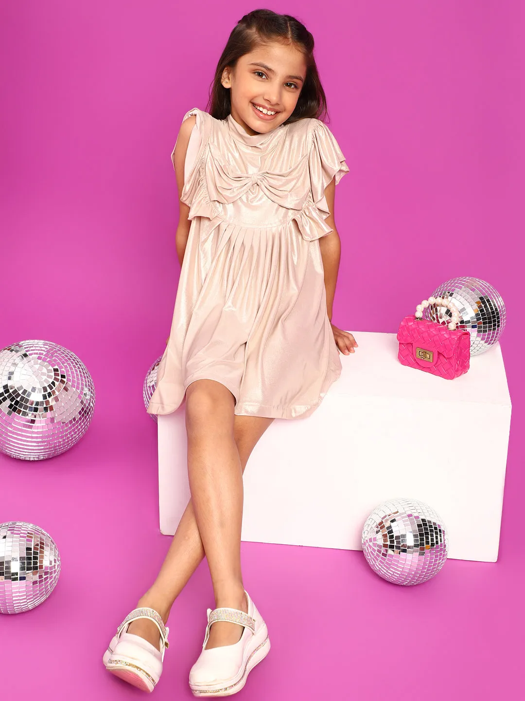 Girls Pink Polyester Regular Fit Solid Dress