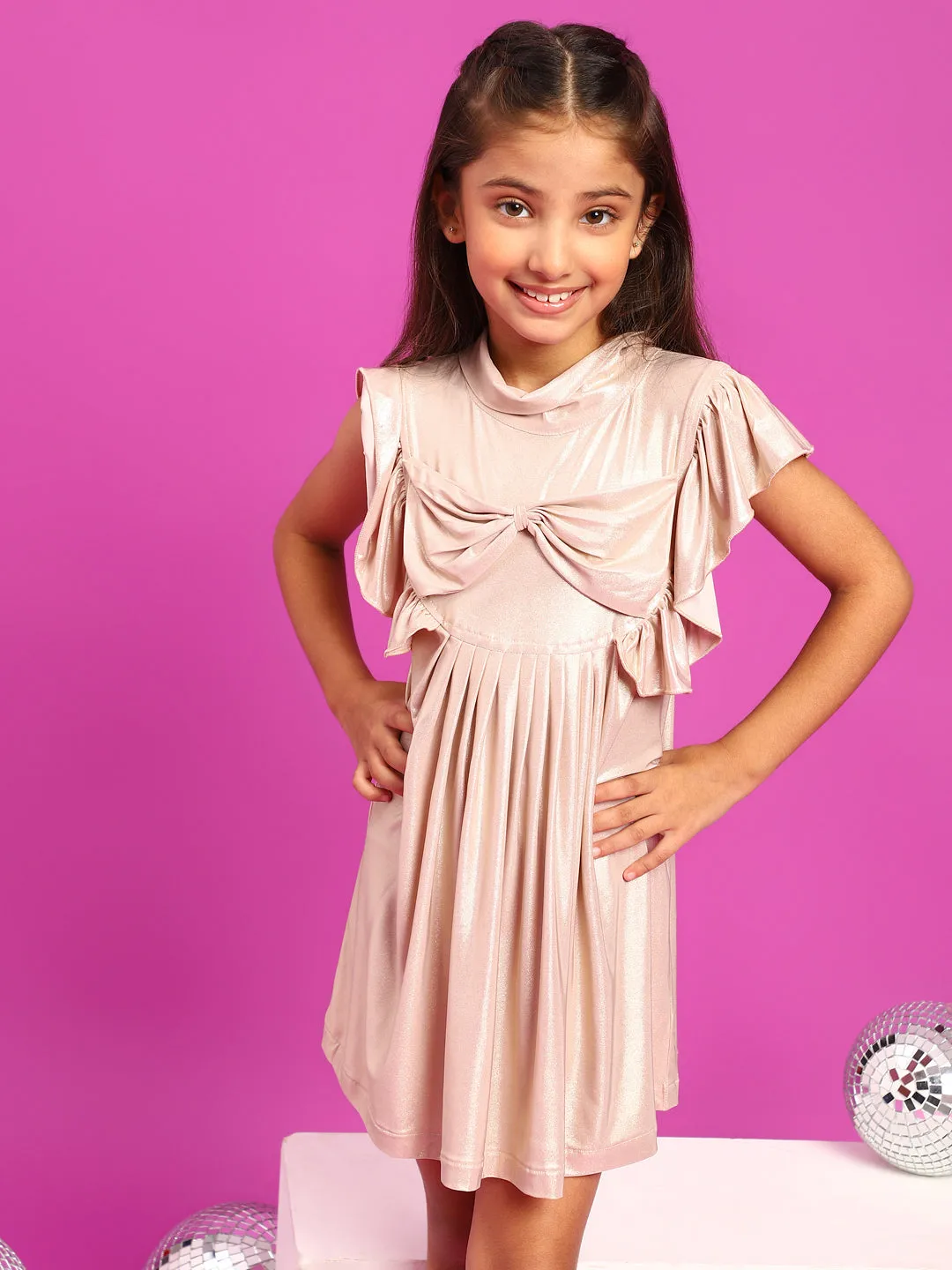 Girls Pink Polyester Regular Fit Solid Dress