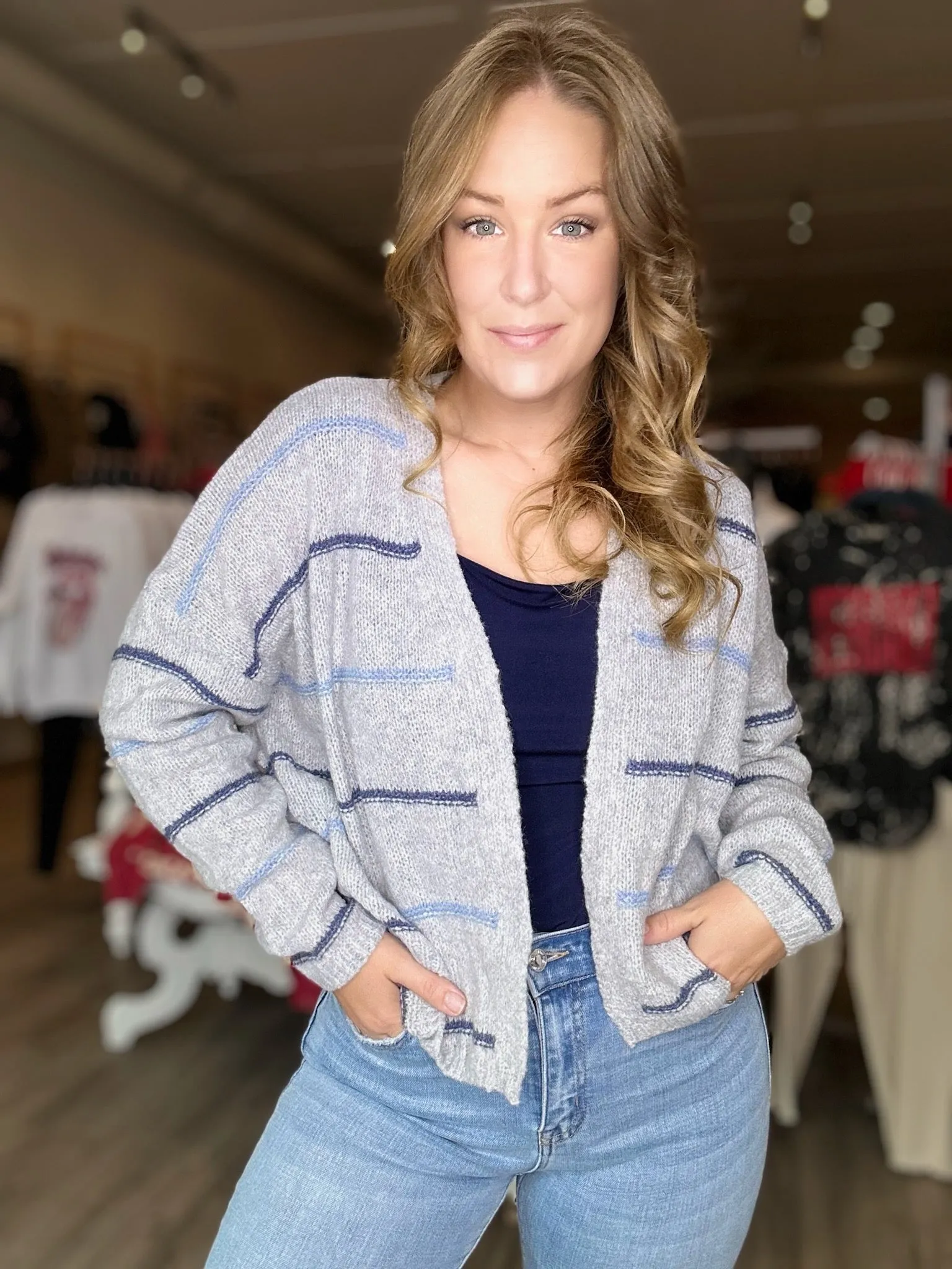 Grey Striped Cropped Cardigan