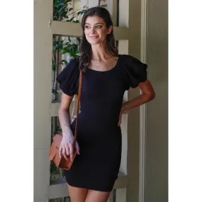 Knit Short Balloon Sleeve Bodycon Mini Dress