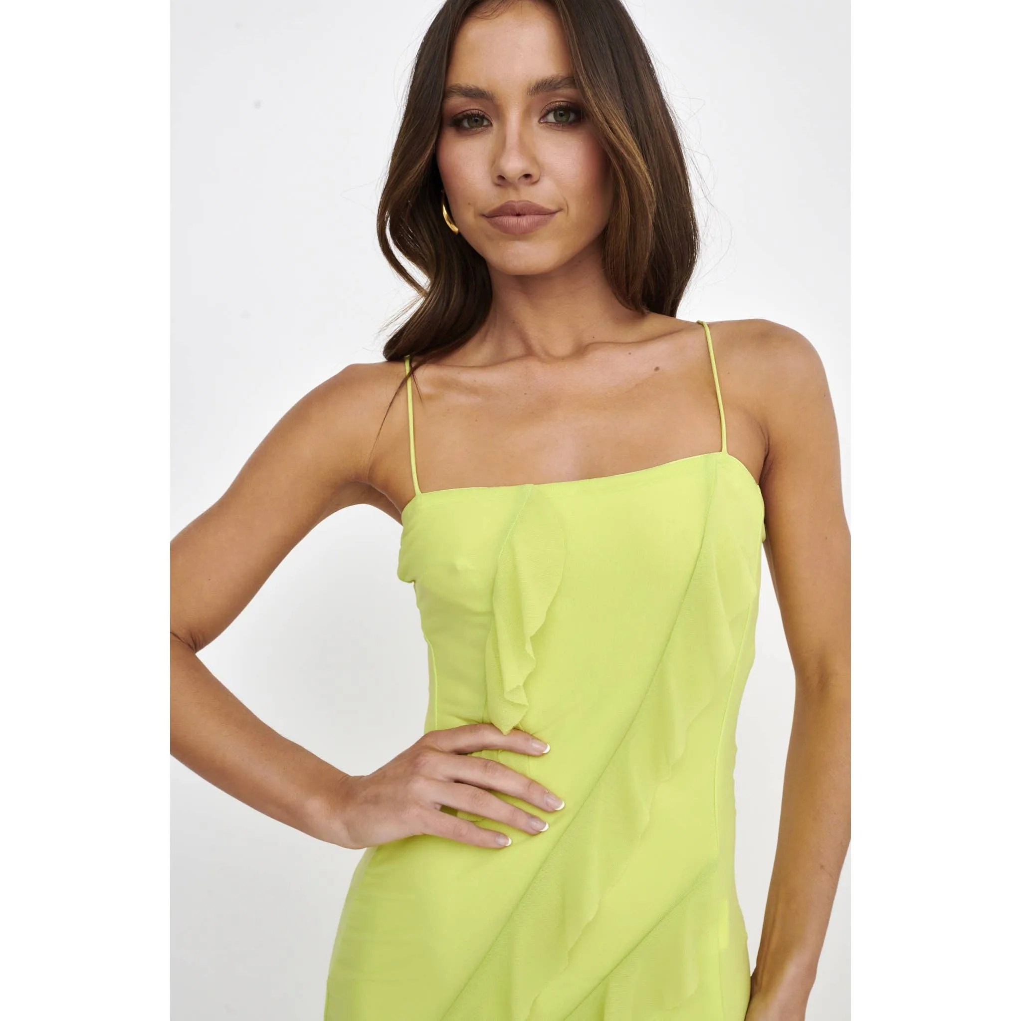 Lime Bodycon Mesh Frill Maxi Dress