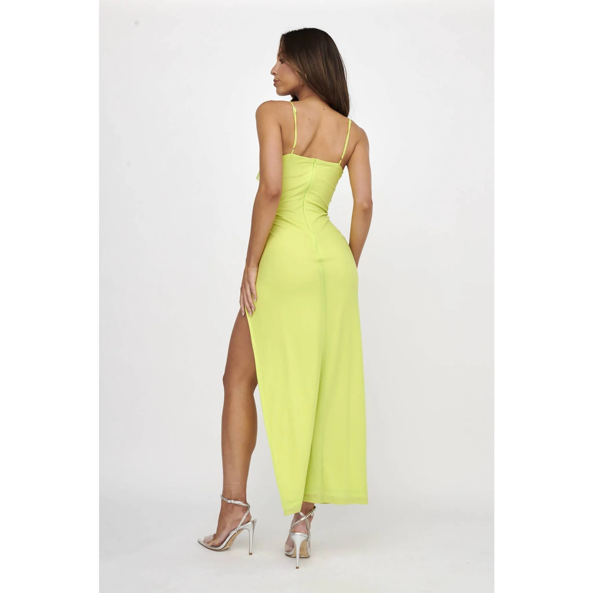 Lime Bodycon Mesh Frill Maxi Dress