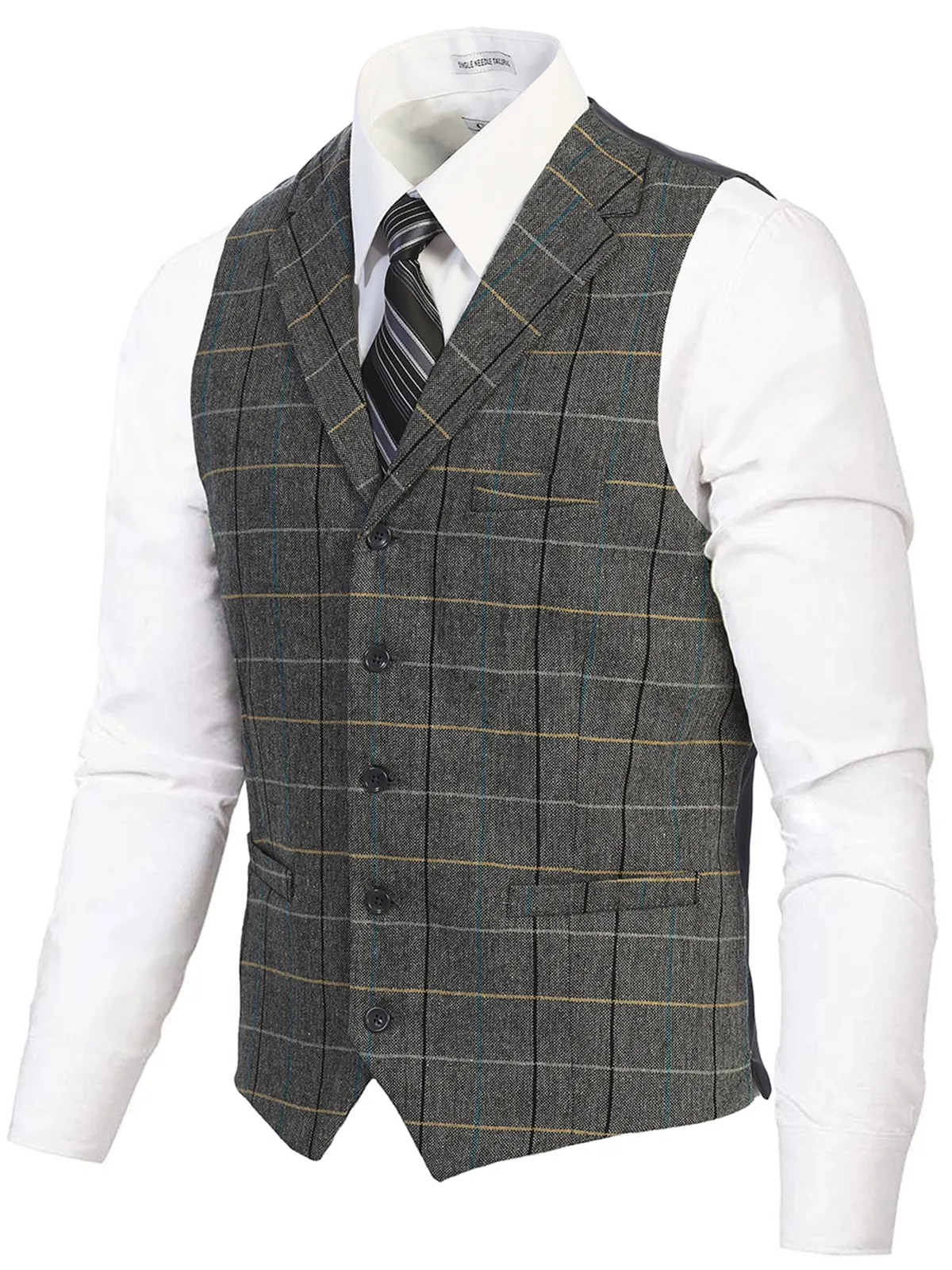 Men's 5 Button Tailored Collar Tweed Vest