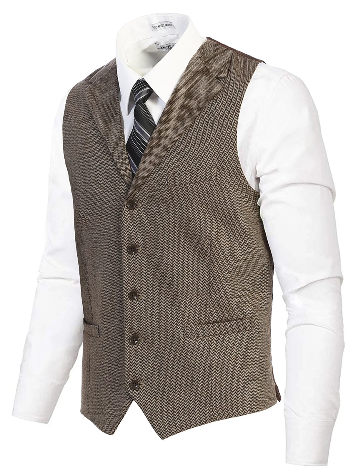 Men's 5 Button Tailored Collar Tweed Vest