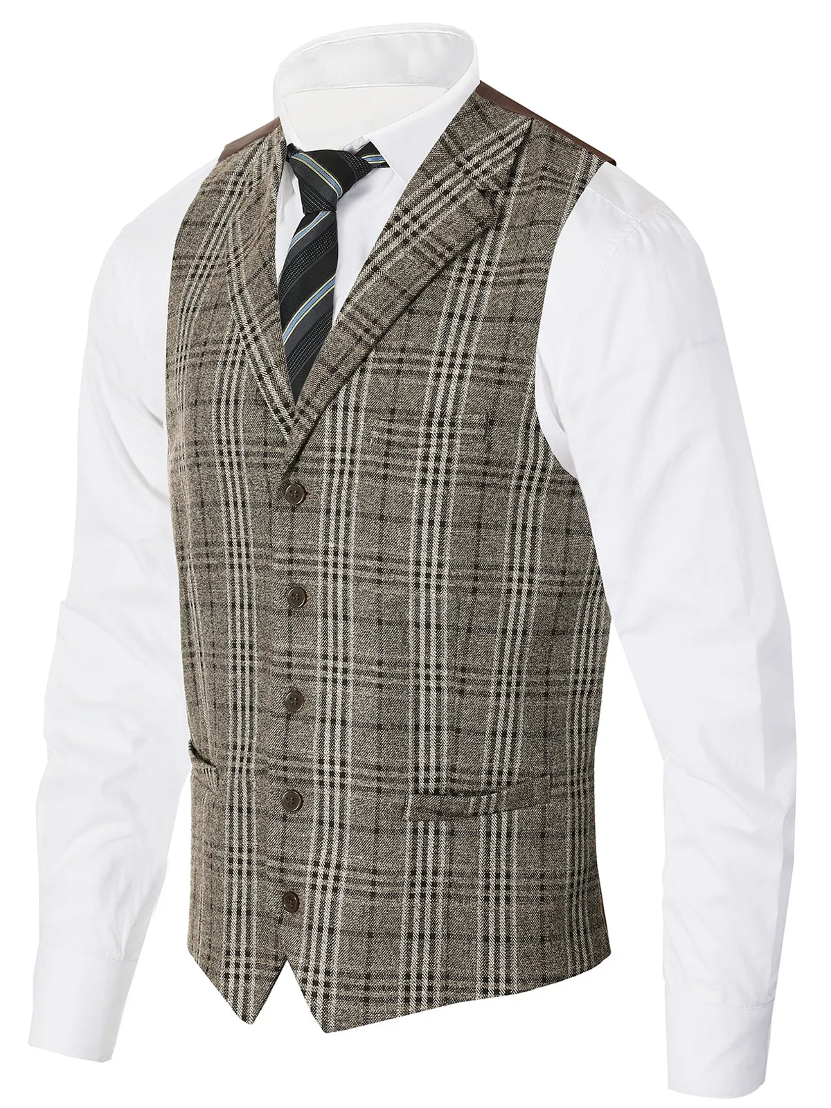 Men's 5 Button Tailored Collar Tweed Vest