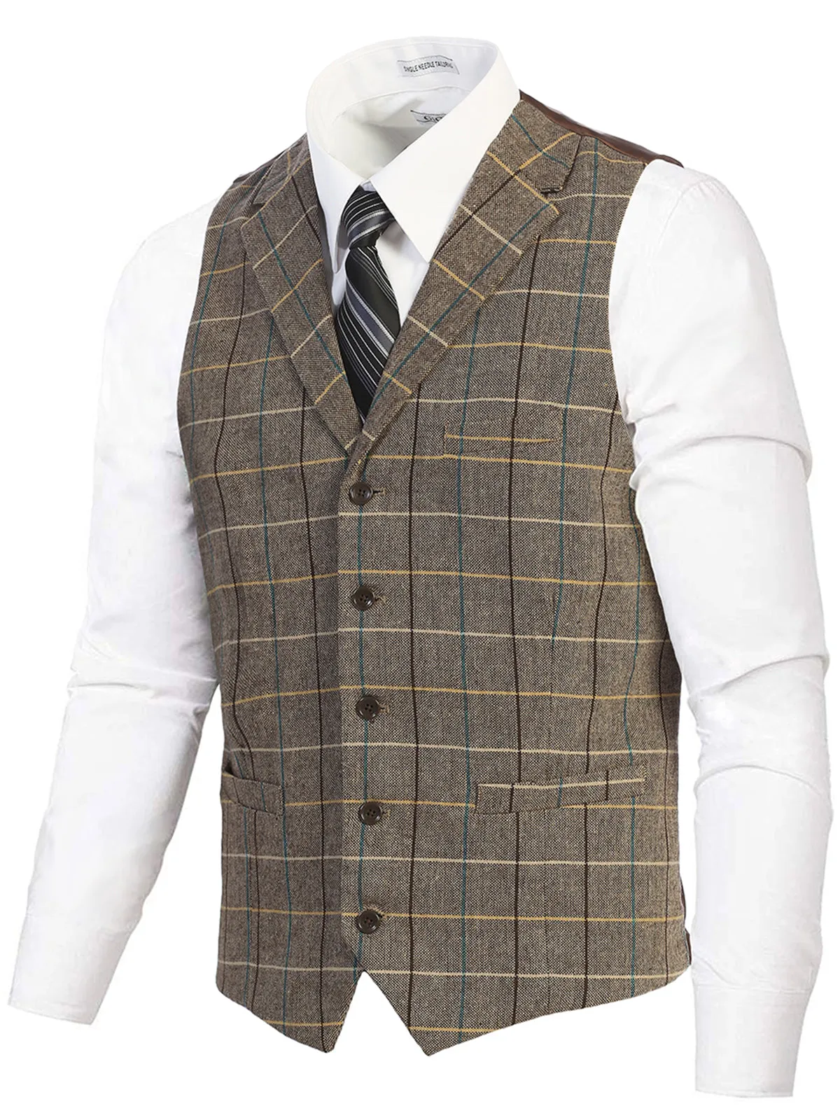 Men's 5 Button Tailored Collar Tweed Vest