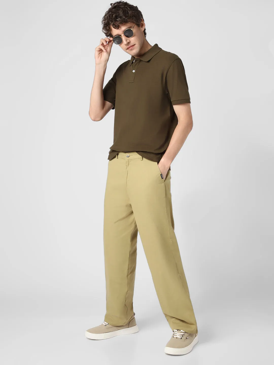 Men's Light Olive Loose Baggy Fit Solid Chino Trousers Non-Stretchable