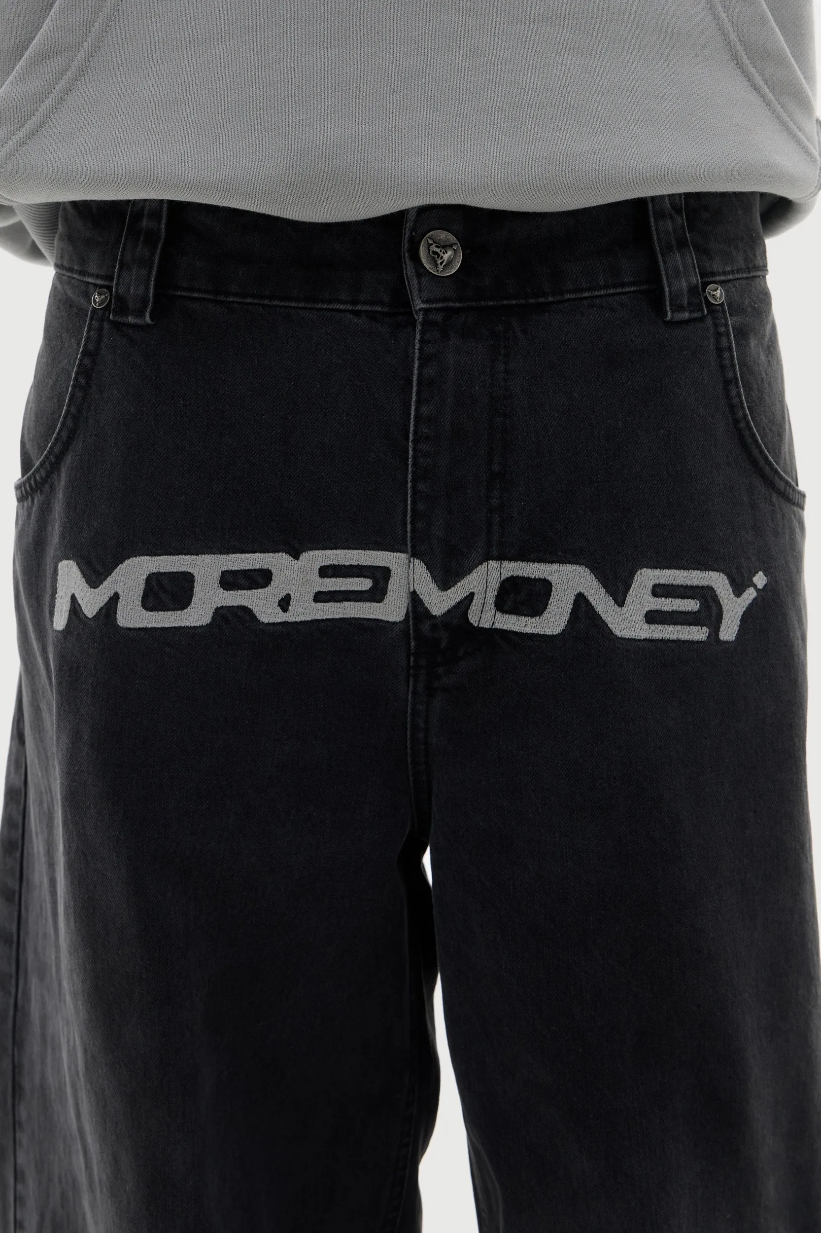 MORE MONEY LOGO BAGGY DENIM BLACK