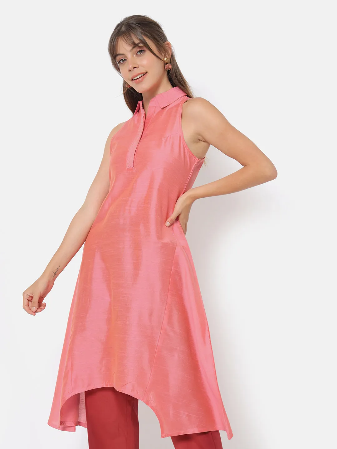 Naaz Pink Collared Sleeveless Kurta