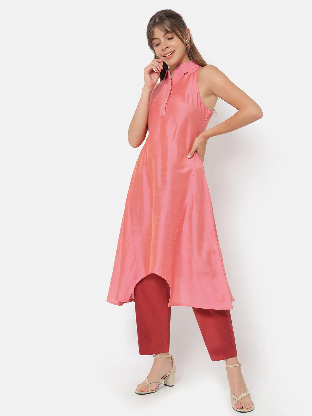 Naaz Pink Collared Sleeveless Kurta