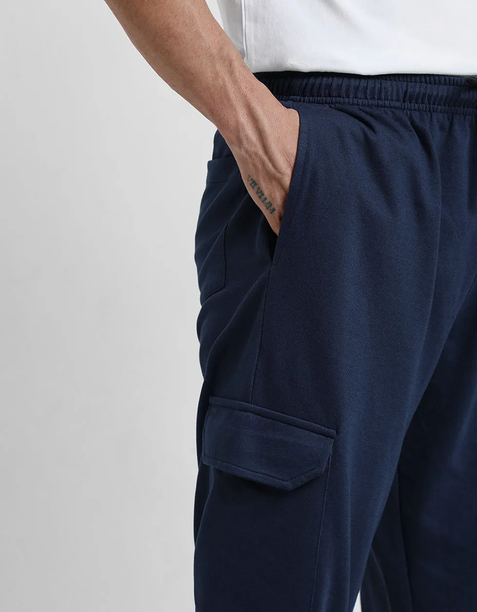 Navy Solid Baggy Fit Cargo Joggers