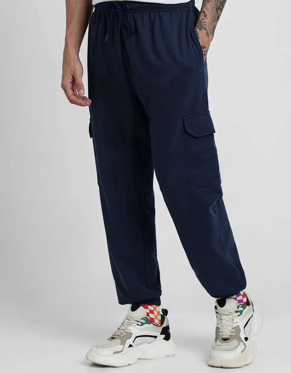 Navy Solid Baggy Fit Cargo Joggers