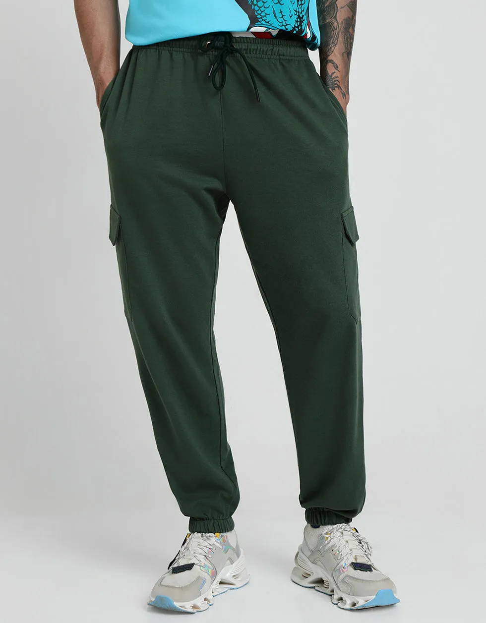 Olive Green Solid Baggy Fit Cargo Joggers