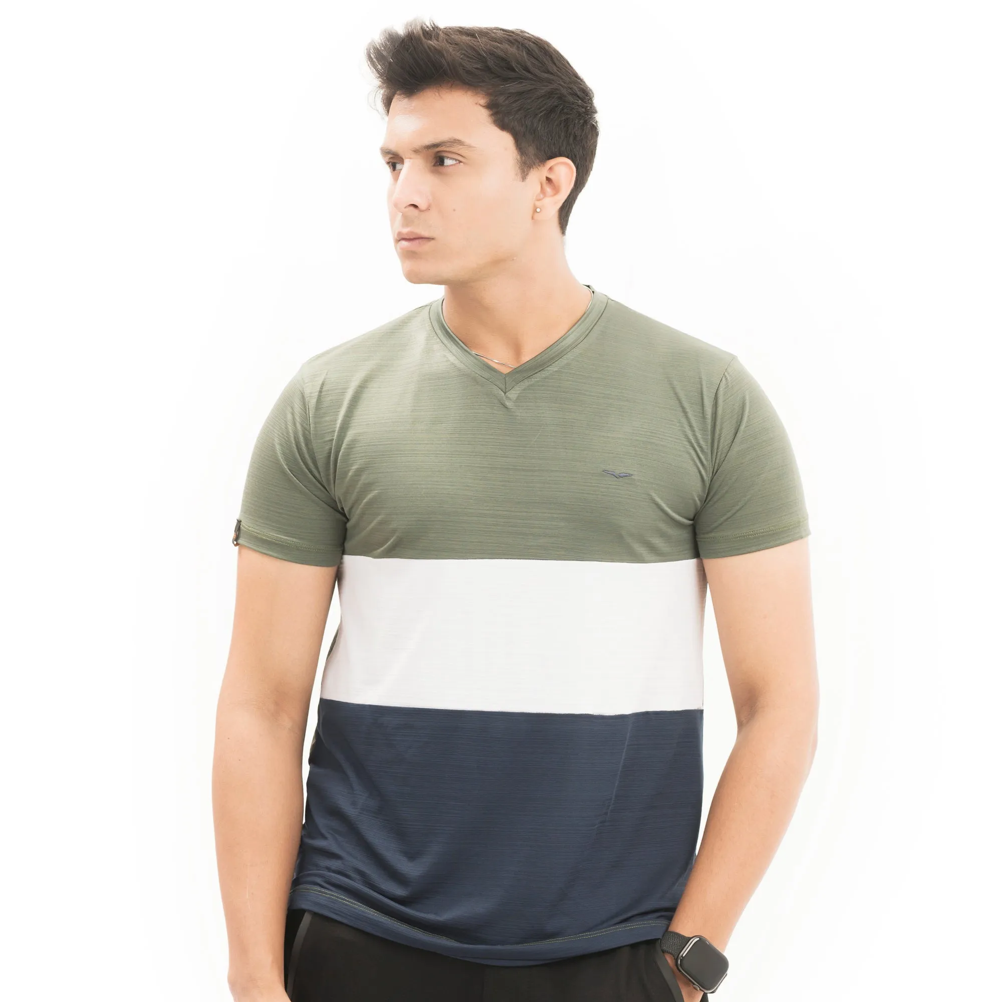 Panel Striped V-Neck-Olive