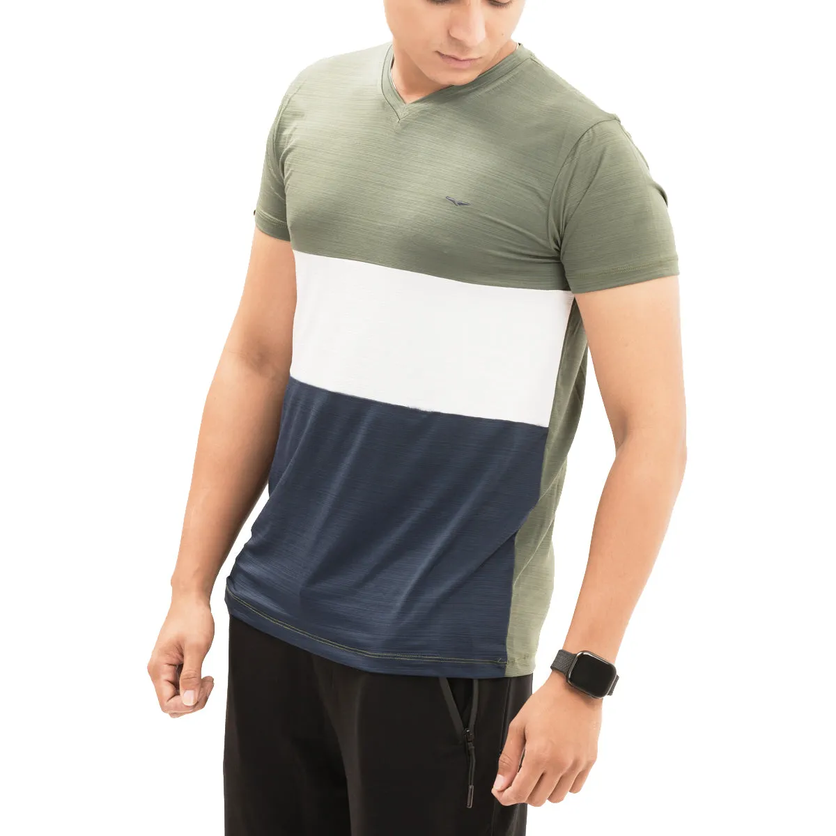 Panel Striped V-Neck-Olive