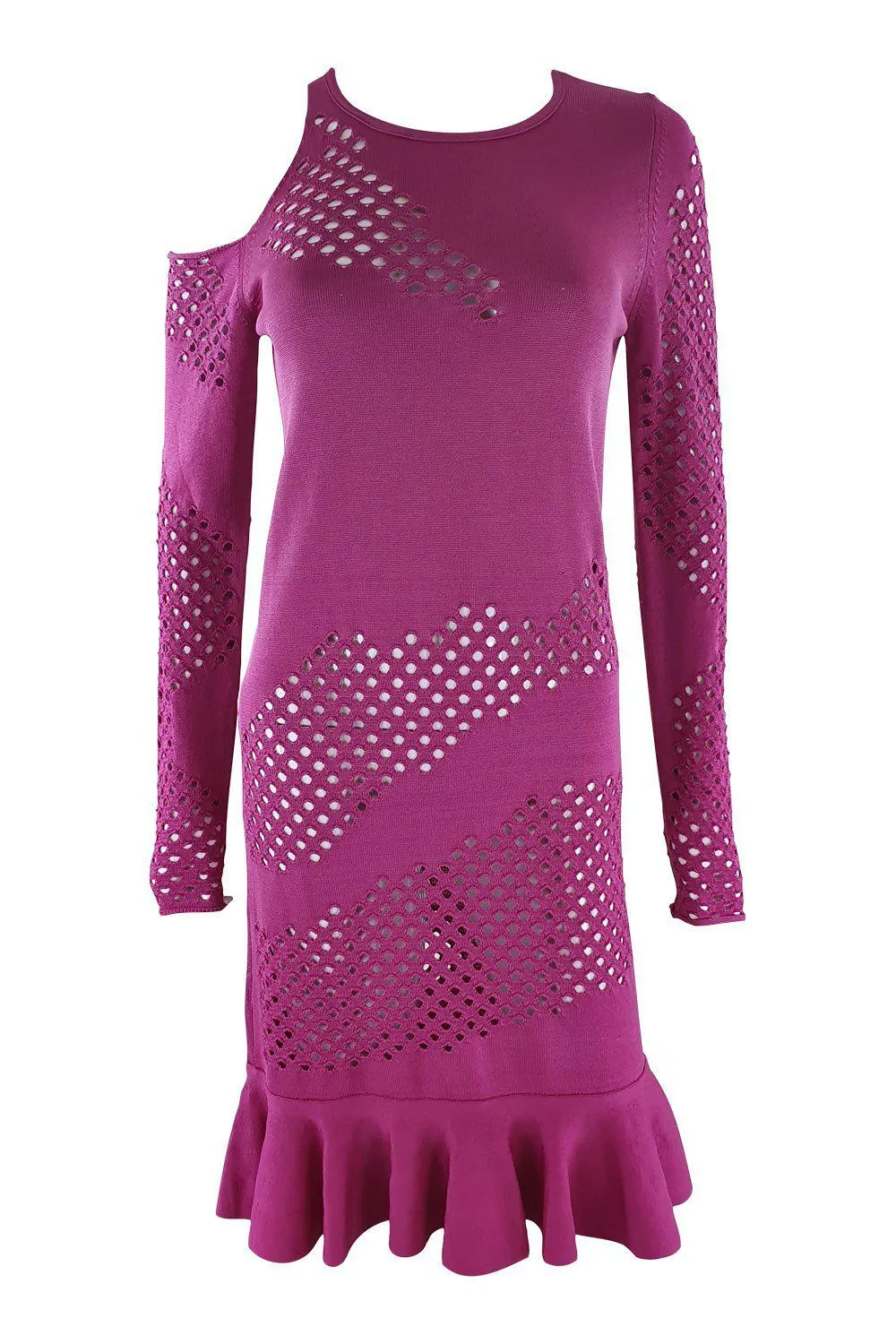 PINKO Fuchsia Laser Cut Bodycon Cold Shoulder Dress (L)