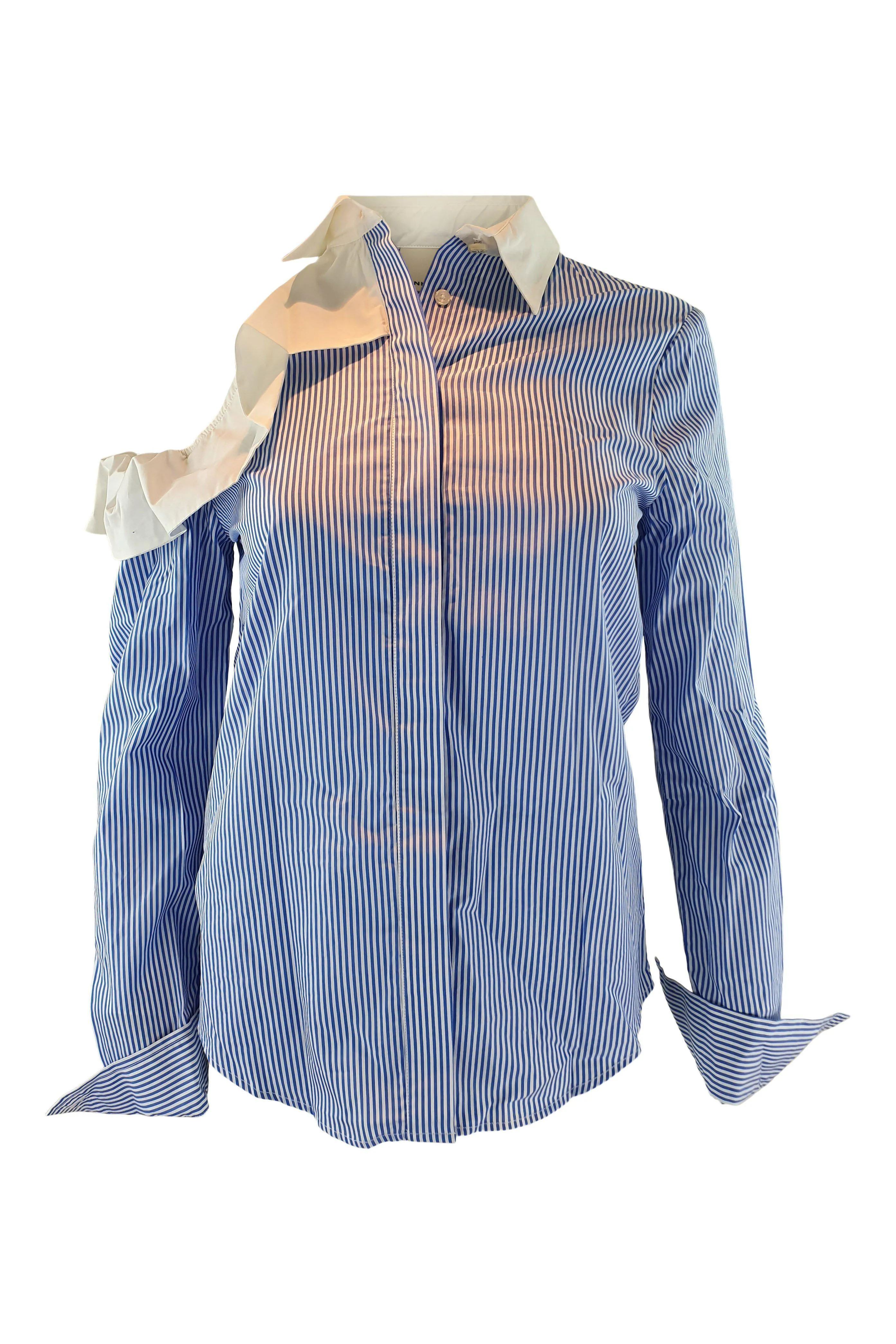 PINKO White Collar Blue Stripes Off Shoulder Shirt (UK 10)