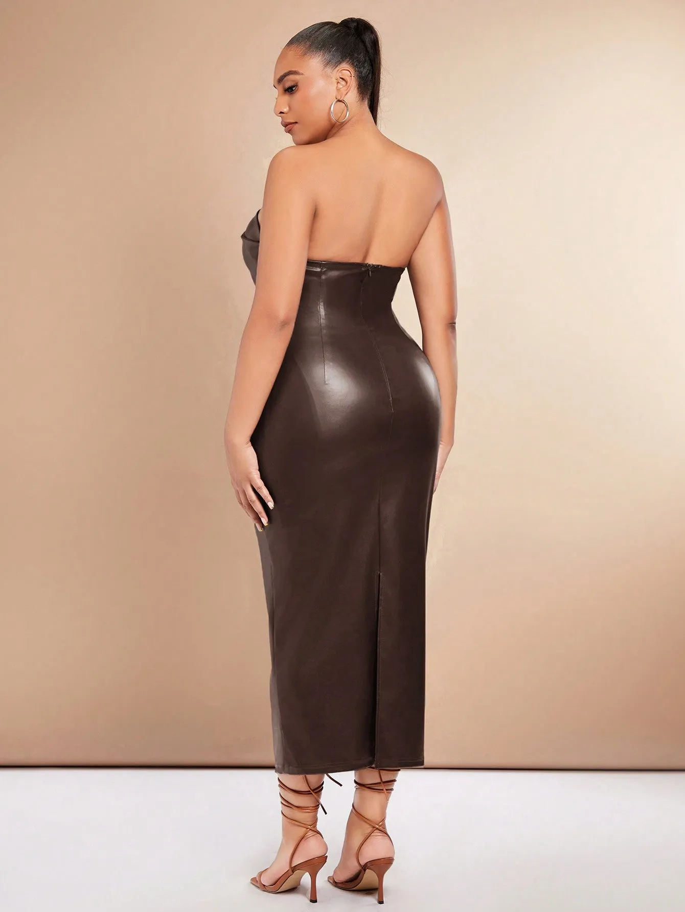 Plus Solid PU Leather Tube Bodycon Dress