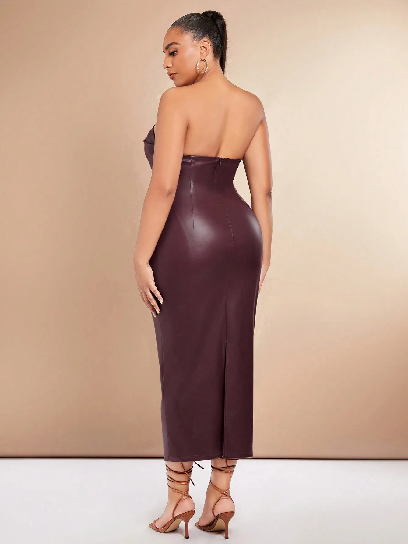 Plus Solid PU Leather Tube Bodycon Dress