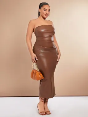 Plus Solid PU Leather Tube Bodycon Dress