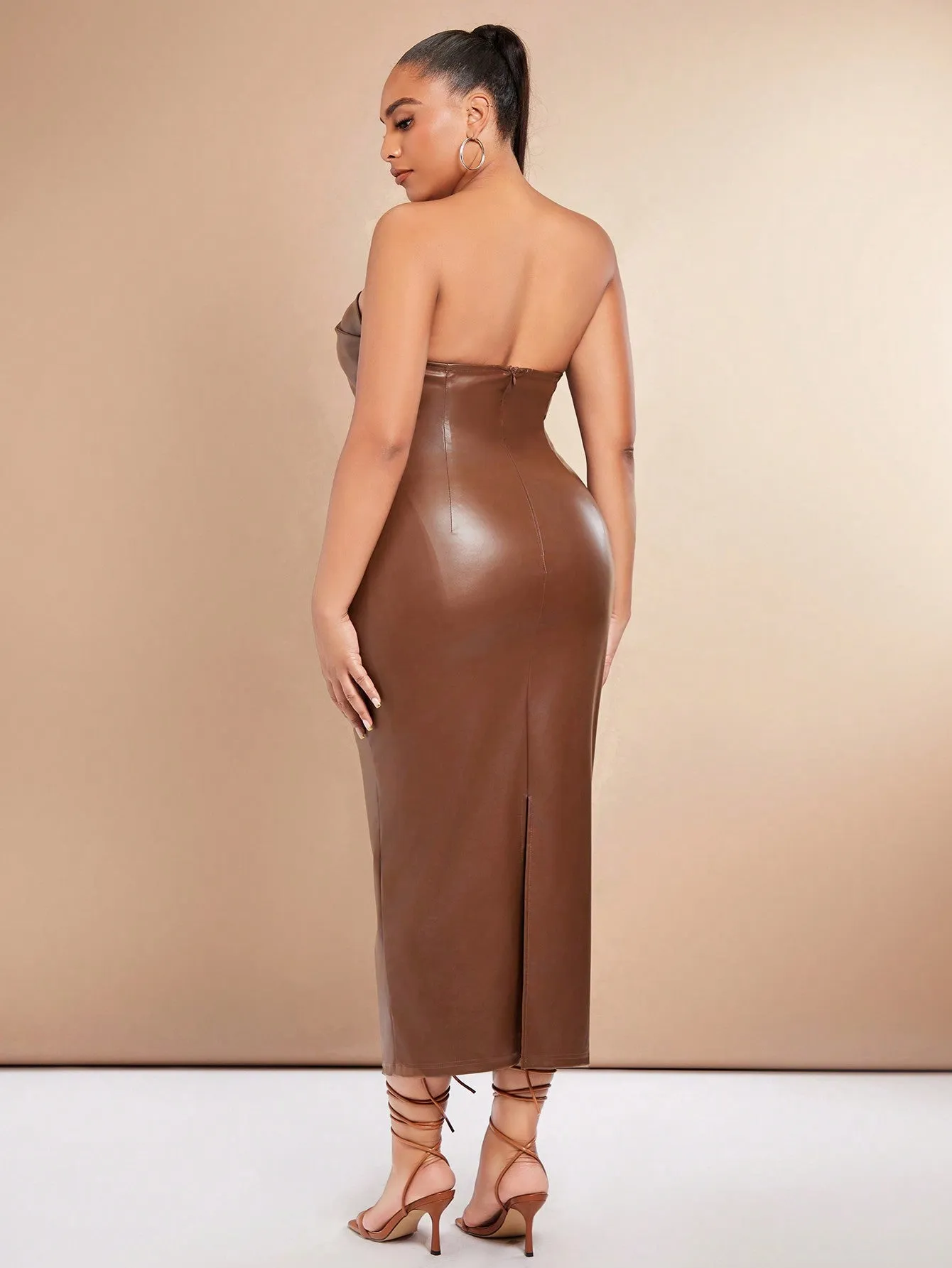 Plus Solid PU Leather Tube Bodycon Dress