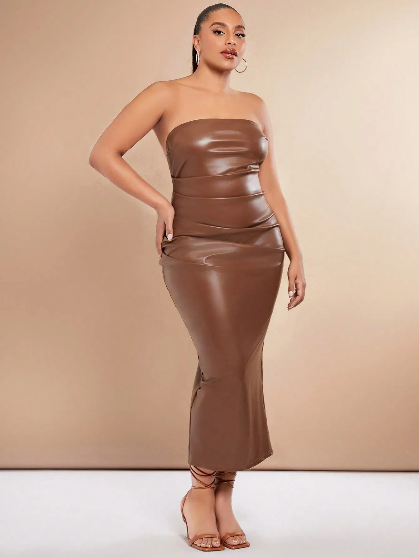 Plus Solid PU Leather Tube Bodycon Dress