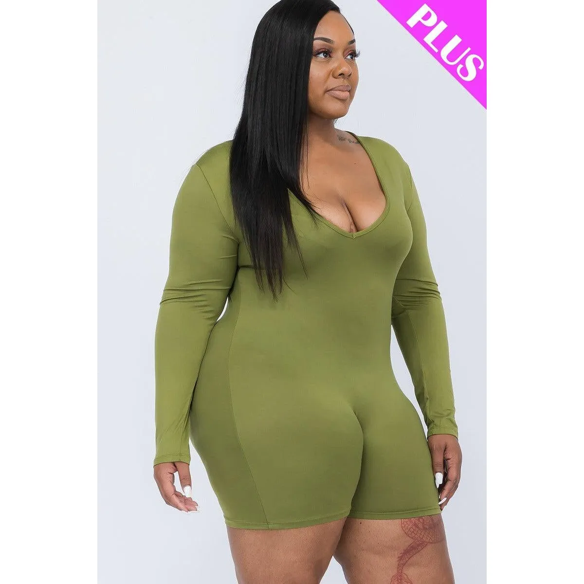 Plus V-neck Long Sleeve Bodycon Romper