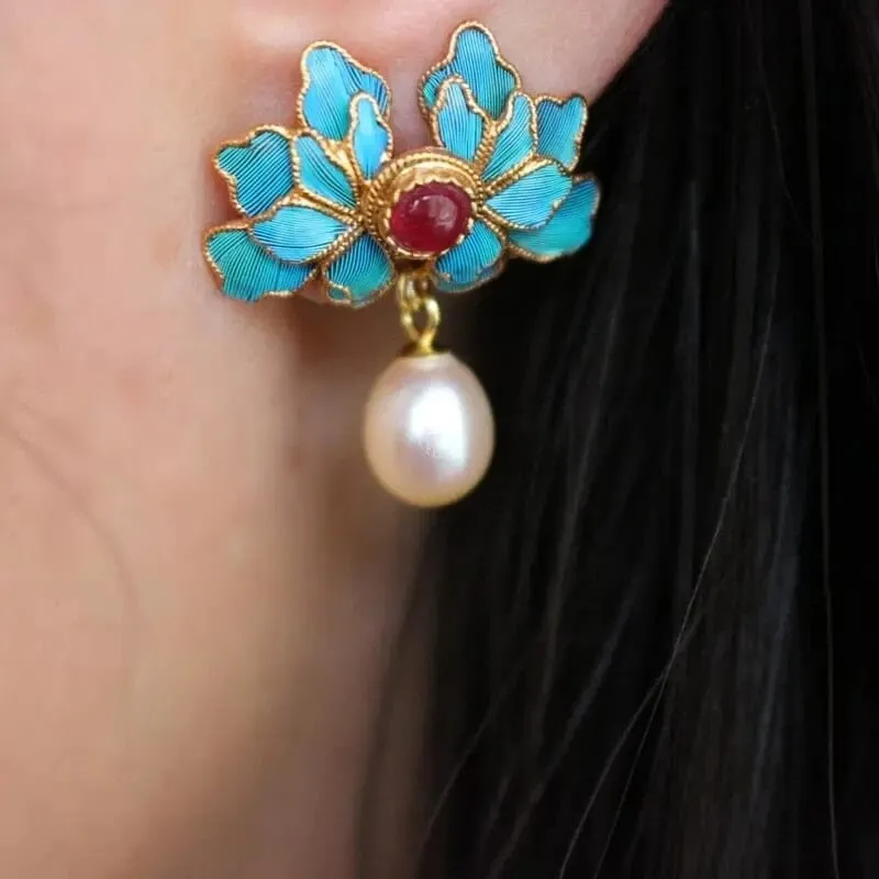 Retro Silk Ruby Pearl Earrings