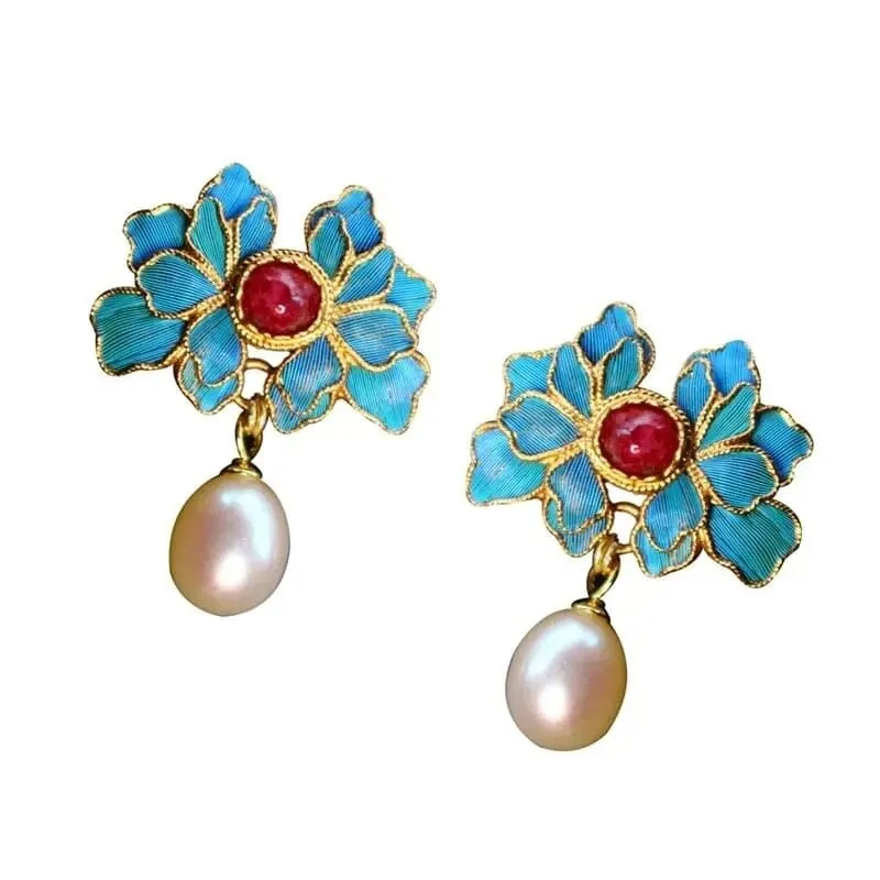 Retro Silk Ruby Pearl Earrings