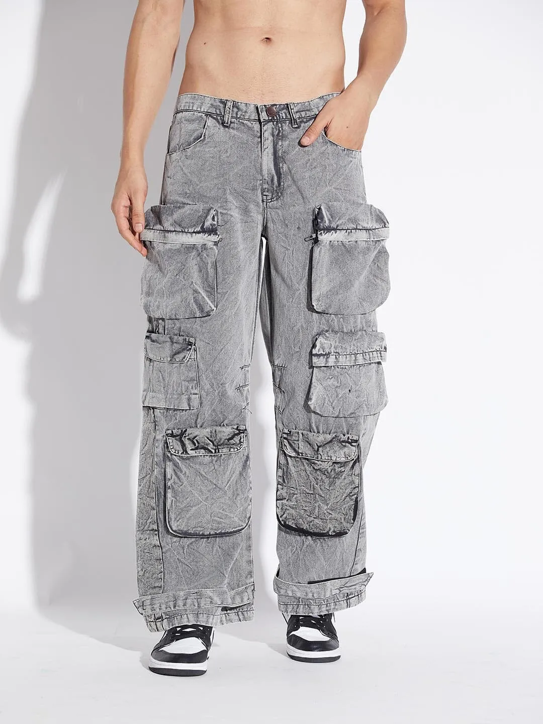 Vintage Stone-Washed Baggy Cargo Pants with Multiple Pockets